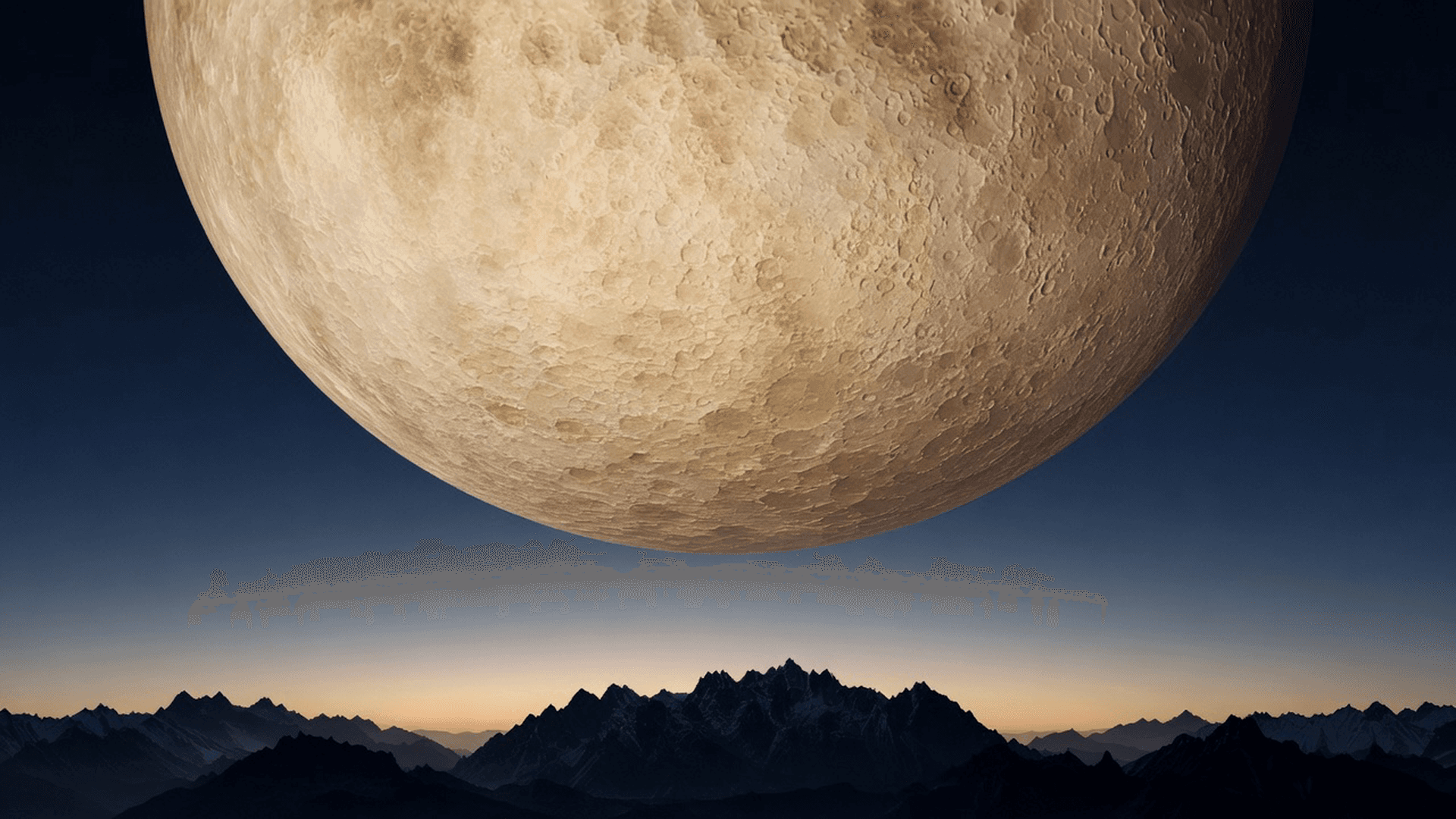 A planet filling the sky above silhouetted mountains.
